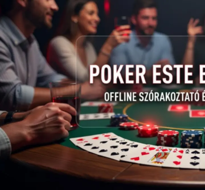 Plakát stílusú kép vörös-fekete offline póker esthez, zöld asztallal és kártyákkal.