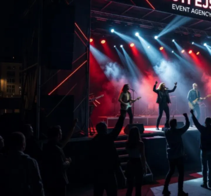 Cinematikus fesztiválhangulat vörös fényekkel, koncertszínpaddal és bulizó közönséggel.