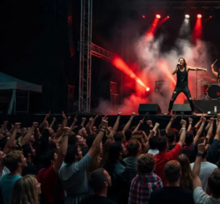 Élő koncert színpaddal és táncoló közönséggel