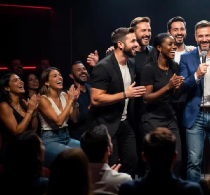 Stand-up előadók a színpadon reflektorfényben, nevető közönséggel