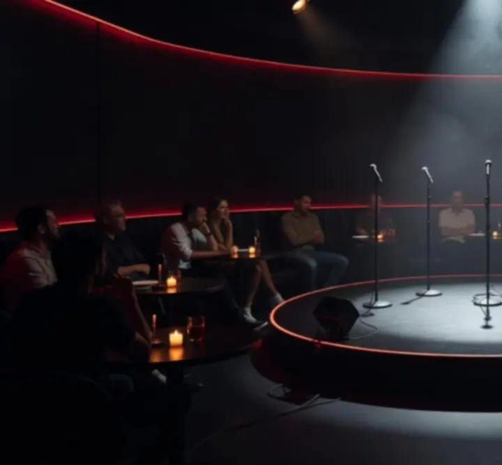 Vörös és fekete fényekkel megvilágított stand-up terem, nevető közönséggel