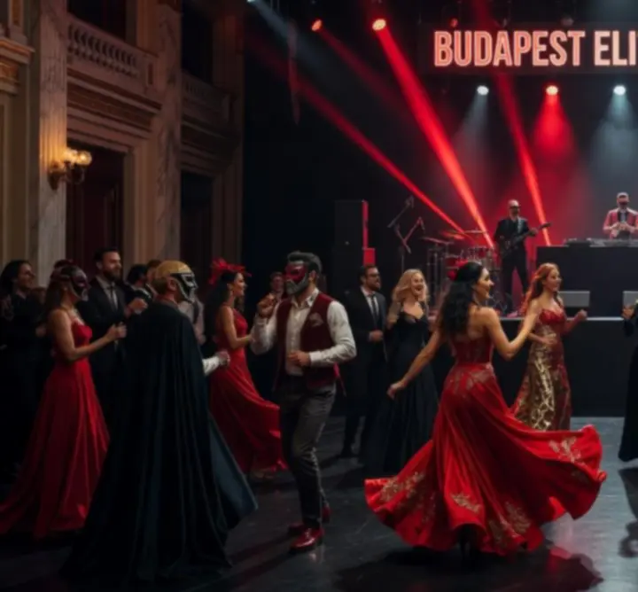 Cinematikus, vörös-fekete fényekkel megvilágított tematikus esti rendezvény színpada.